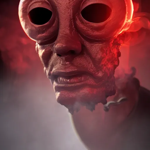 Prompt: a man wearing a big eyeball mask, red smoke in background, test tubes, pipes, artstation, realistic, high detail