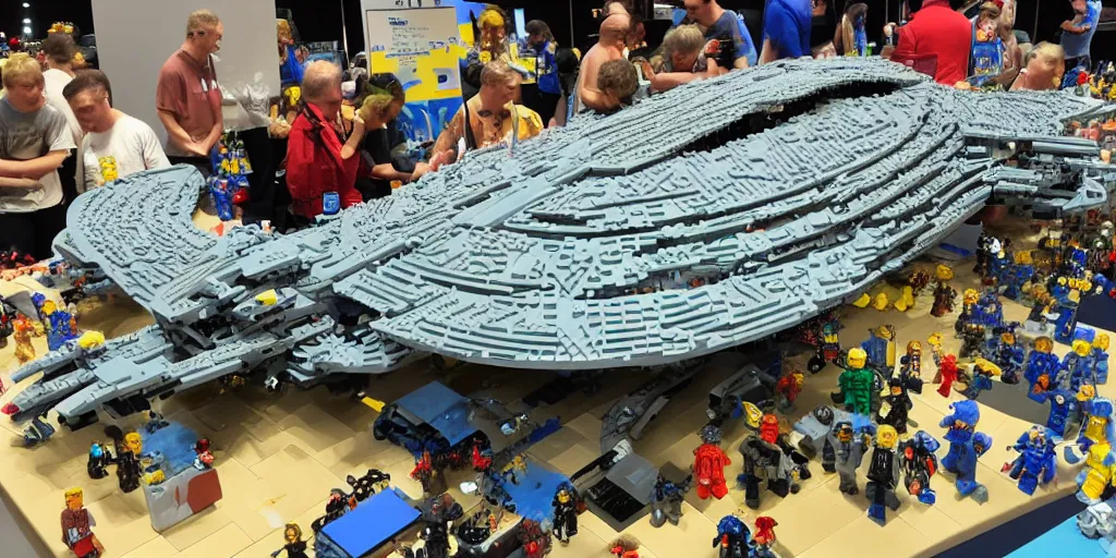 Image similar to wide shot lens photo of a very intricately detailed and epically shaped 1. 2 5 m long alien lego mothership ufo kit designed by a master builder as displayed at a lego convention.