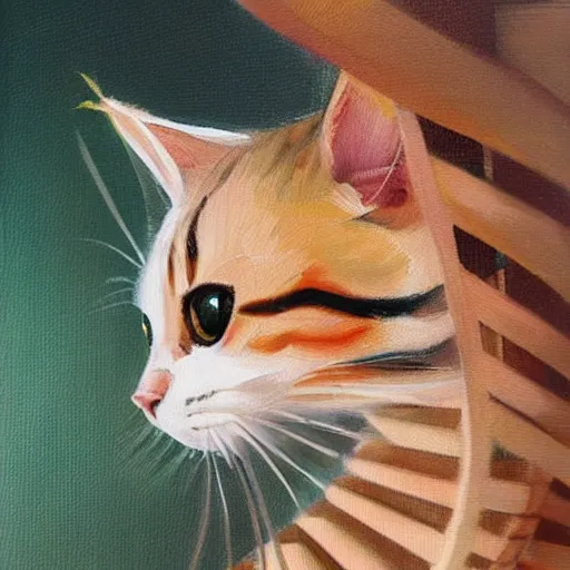 Prompt: a cat on a spiral staircase, close up cat, expressive oil painting, trending on artstation