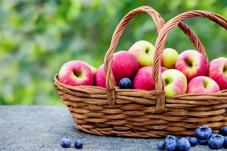 Prompt: a basket of apples beside a basket of bananas beside a basket of blueberries