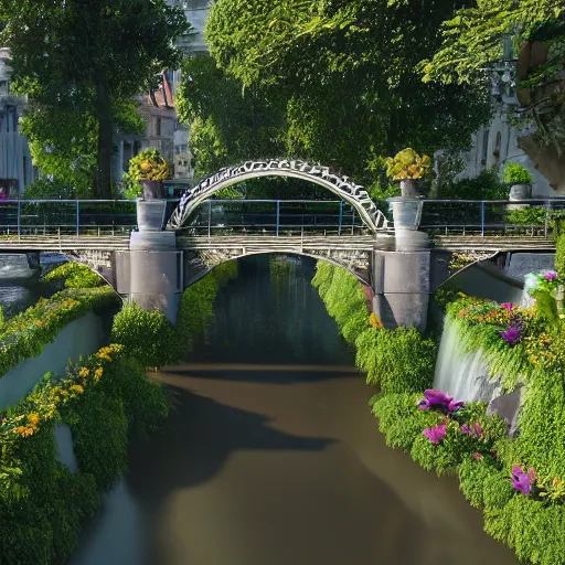 Prompt: Paradise, bridges over canals with fountains with lush flowers and vegetation, Sci-Fi, Artstation, Zaha Hadid, 4K , Maya render, epic cinematography, dappled sun and shadows, raytracing