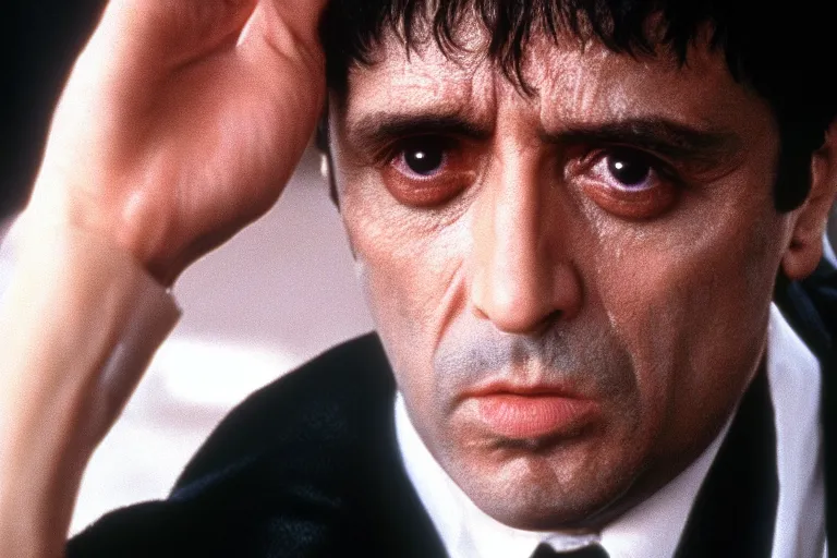 Prompt: face portrait of tony montana from movie scarface 1 9 8 3 al pacino. perfect symmetric face, coherent eyes, ron cobb, fine details, cinestill, 4 k. last scene from scarface movie, bokeh
