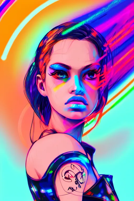 Image similar to a award winning portrait of a beautiful woman with stunning eyes in a one off shoulder croptop and cargo pants with rainbow colored hair, outlined by whirling illuminated neon lines and fine lines swirling in circles by ilya kuvshinov, digital art, trending on artstation