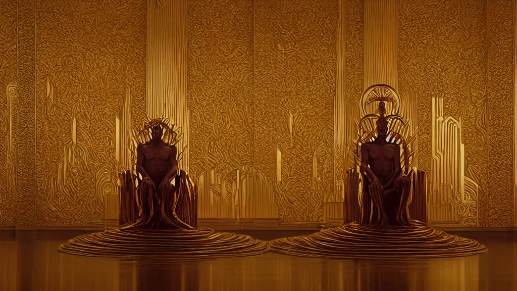 Prompt: a strange creature sits on a golden art deco throne, film still from the movie directed by Denis Villeneuve with art direction by Zdzisław Beksiński, symmetrical, wide lens