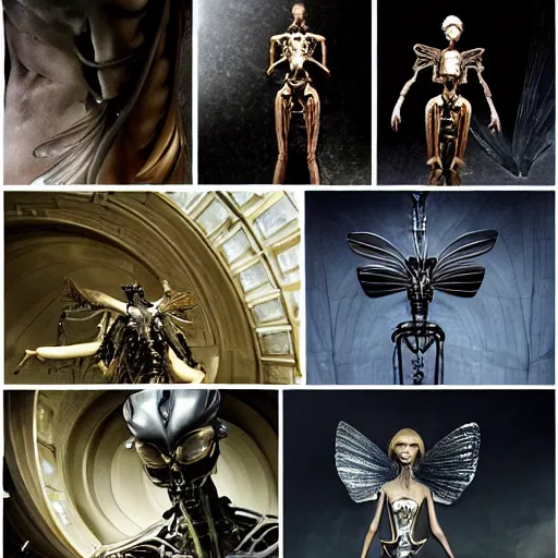 Prompt: still frame from Prometheus movie by Makoto Aida, flying biomechanical angel gynoid by giger, mimicking devil's flower mantis, metal couture by neri oxmn and Guo pei, flying angel editorial by Malczewski and by Caravaggio