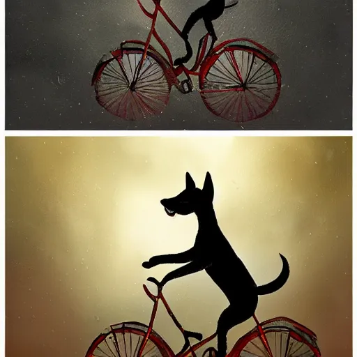 Prompt: painting of a dog riding a bicycle on top of a train, raining, on the surface of the moon, cat in bicycle basket, trending on artstation