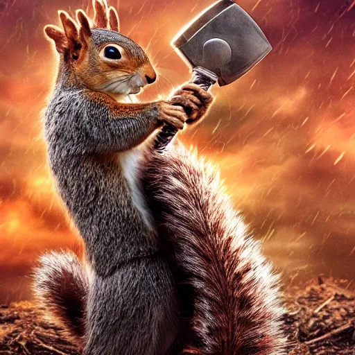 Image similar to the squirrel thor ~ holding his hammer ~ dramatic thunder background ~ fighting scene ~