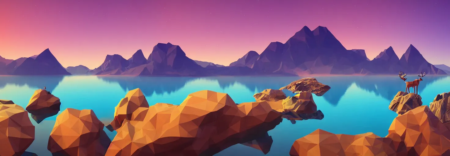 Image similar to super detailed color lowpoly art, northern sunset with rocks on front, lake in the middle of perspective and mountains at background, graphic reindeers in random points, unreal engine, retrowave color palette, 3d render, lowpoly, colorful, digital art