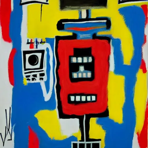 Image similar to basquiat oil painting of robot sneakers, balenciaga,