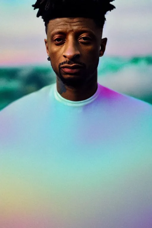 Image similar to high quality pastel coloured film close up wide angle photograph of 2 1 savage wearing clothing resting on cloud furniture in a icelandic black rock!! environment in a partially haze filled dreamstate world. three point light, rainbow. photographic production. art directed. pastel colours. volumetric clouds. pastel gradient overlay. waves glitch artefacts. extreme facial clarity. 8 k. filmic.