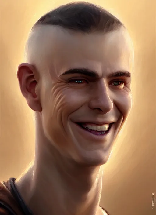 Image similar to a _ fantasy _ style _ portrait _ painting _ of white male short fringe light brown hair short face grinning clean shaven short head, rpg dnd oil _ painting _ unreal _ 5 _ daz. _ rpg _ portrait _ extremely _ detailed _ artgerm _ greg _ rutkowski _ greg