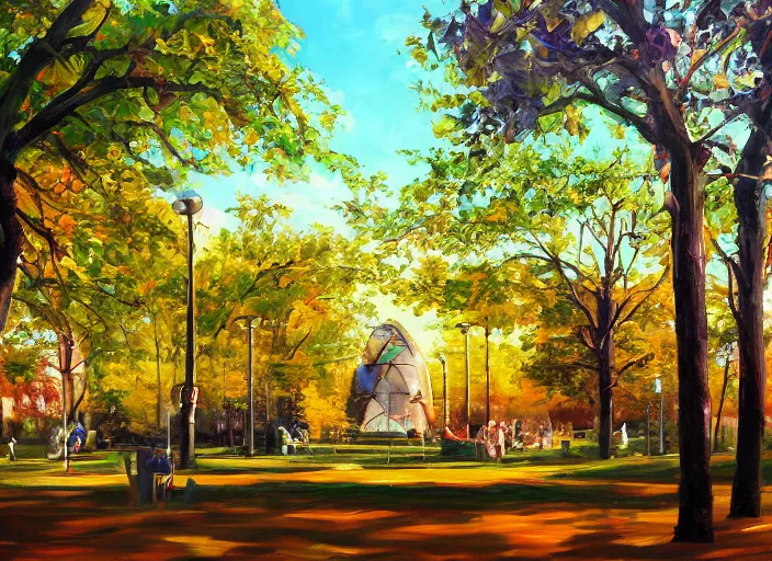 Prompt: bright beautiful oil painting of a futuristic city park by Alexander Labas