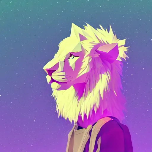 Prompt: aesthetic albino lion fursona portrait, commission of a anthropomorphic lion on fire, fursona wearing vaporwave stylish clothes, winter armosphere, pastel simple art, low poly