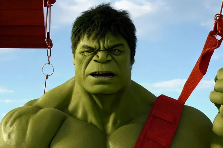 Prompt: hulk in a kid's swing at the children park, still shot from the new hulk movie, 4 k