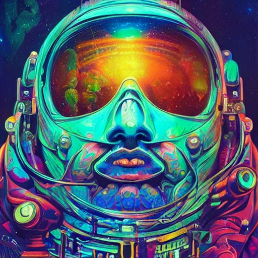 Image similar to An extremely psychedelic experience, colorful, surreal, dramatic lighting, cosmonaut, LSD, face, detailed, intricate, elegant, highly detailed, digital painting, artstation, concept art, smooth, sharp focus, illustration, art by Sam Spratt, Dan Mumford, Artem Demura and Alphonse Mucha