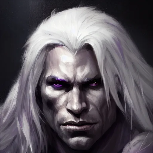 Prompt: realistic portrait of drizzt du orden by r. a. salvatore, dark elf with purple eyes and white hair, trending on artstation, dark gloomy cave background, low angle oil painting and composition laws, cinematic lighting, hyperdetailed, cgsociety, 8 k