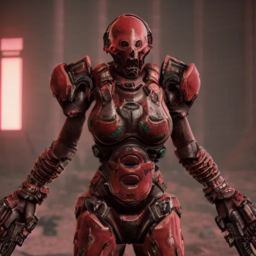 Image similar to female doom slayer extreme details epic dramatic realistic unreal engine render