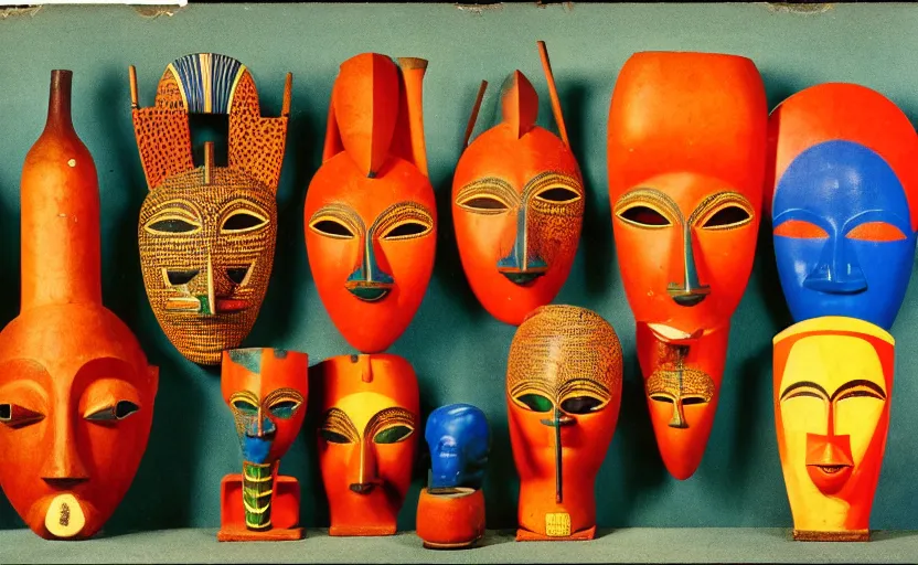 Prompt: a restored photography of a collection of ( ( ( ( african masks ) ) ) ), objects, ( fauvisme ), in the style of memphis design, ( ( ( ( outdoor ) ) ) ), ( ( neo modernism ) ), 1 9 2 0, bright colors, documentary