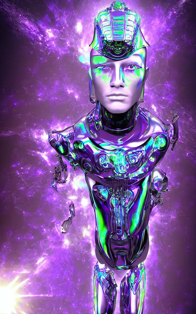 Prompt: iridescent cyborg prince of the machine god, lunar mythos future perfect, award winning digital art