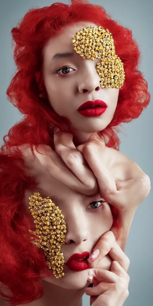 Image similar to Portrait of a European woman, black, close-up, high sharpness, zeiss lens, fashion photo shoot, peony flowers, red hair, red lipstick, in the background of gold, they have rhinestones on their face, Edward Buba, Annie Leibovitz and Steve McCurry, Leslie Zhang, David Lazar, Jimmy Nelsson, Eiko Hosoe, artistic, hyperrealistic, beautiful face, octane rendering