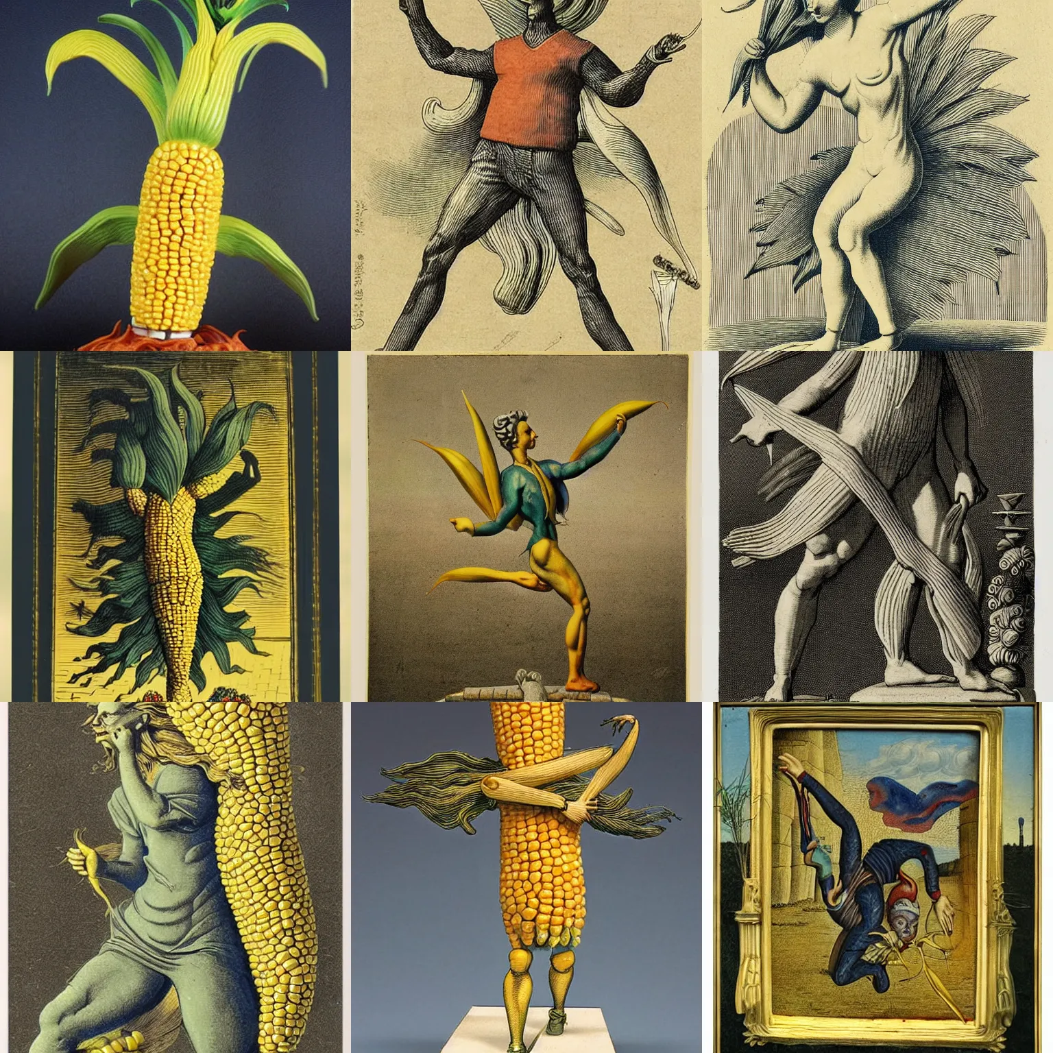 Prompt: a still figurine of a mutant corn by gustav dure, dynamic pose, engraving, epic composition