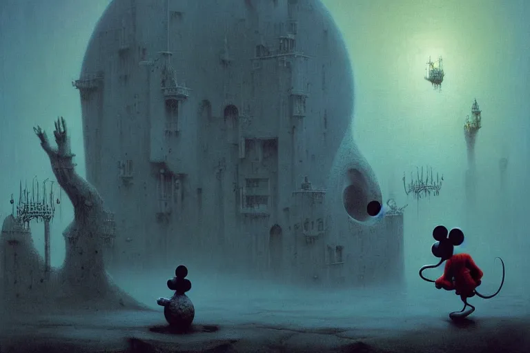 Image similar to life of mickey mouse, scene features mickey mouse, by zdzislaw beksinski, by dariusz zawadzki, by wayne barlowe, gothic, surrealism, cosmic horror, lovecraftian, cold hue's, warm tone gradient background, concept art, beautiful composition