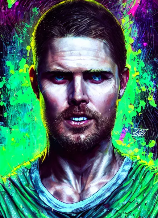 Image similar to a Demon Slayer portrait of Stephen Amell, tall, pale-skinned, slender with lime green eyes and long eyelashes by Stanley Artgerm, Tom Bagshaw, Arthur Adams, Carne Griffiths, trending on Deviant Art, street art, face enhance, chillwave, maximalist, full of color, glittering