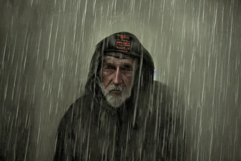 Image similar to a cinematic headshot photograph of a beautiful homeless war veteran, stood in a tunnel, rain, film still, cinematic, dramatic lighting, by bill henson and annie leibovitz