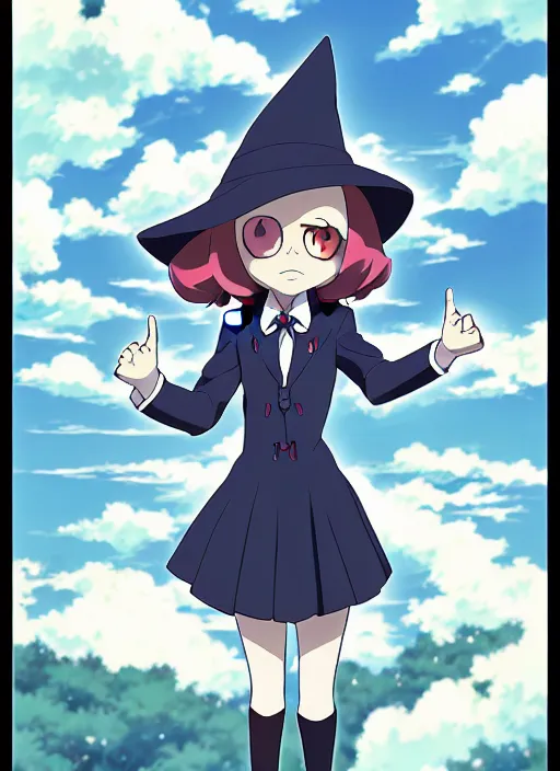 Image similar to Sucy from little witch academia, anime style, countryside, calm, fantasy character portrait, dark outlines, dynamic pose, above view, sunny day, artwork by Makoto Shinkai, very coherent asymmetrical artwork, sharp edges, perfect face, simple form, 100mm