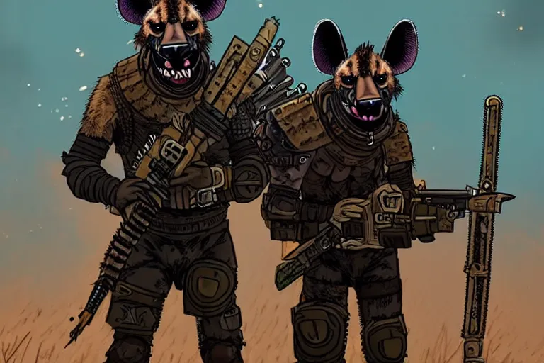 Image similar to a good ol'hyena fursona ( from the furry fandom ), heavily armed and armored facing down armageddon in a dark and gritty version from the makers of mad max : fury road. witness me.