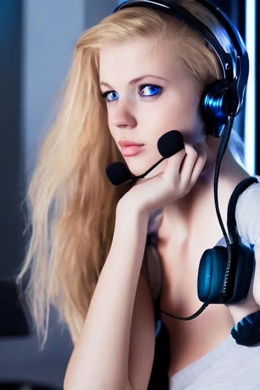 Prompt: gorgeous gamer girl with blonde hair and blue eyes playing on her computer, portrait shot of her face lit up by the monitor, wearing gaming headset, dark atmosphere, dynamic lighting