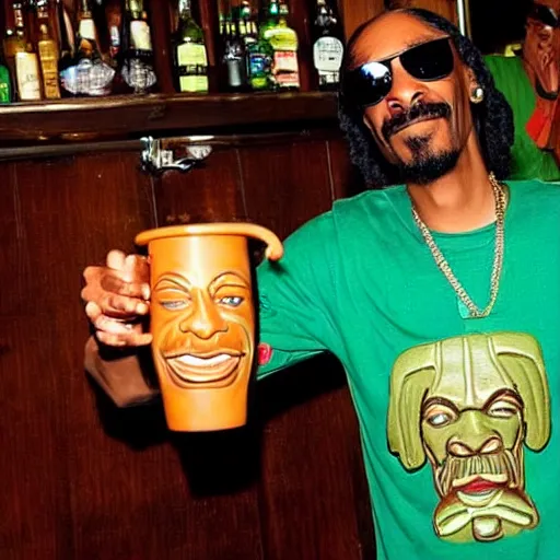 Prompt: snoop dogg at trader vic's bar holding a tiki mug with his face on it