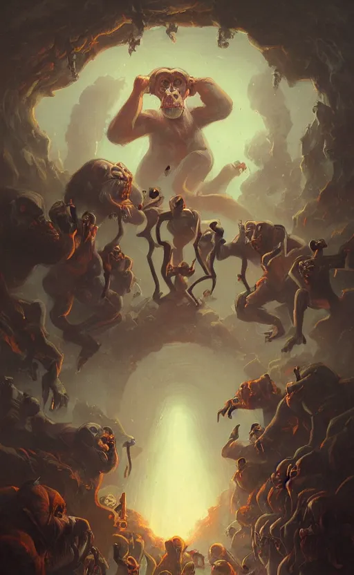 Prompt: a crew of chimpanses in fight stance at the entrance of hell by peter mohrbacher