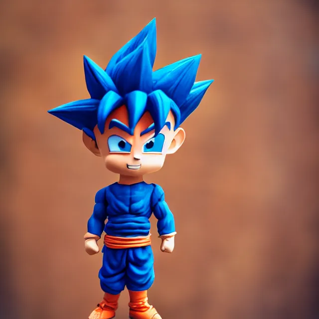 Prompt: goku chibi cute made of clay, full body, hyper detailed, 3 5 mm, f 1. 2, city background, bokeh