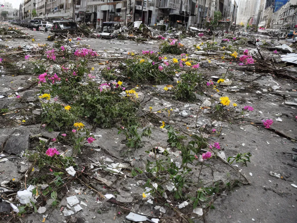 Image similar to flowers spring emerge from debris, city destruction