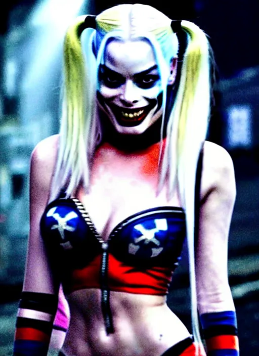 Image similar to 2 8 mm photo of beautiful suicide squad happy margot robbie with long white hair that looks like harley quinn standing on the wet street of dystopian gotham city at night, angry frown, seductive camisole, pinup model, glamour fashion pose, cinematic, volumetric lighting octane, ridley scott,