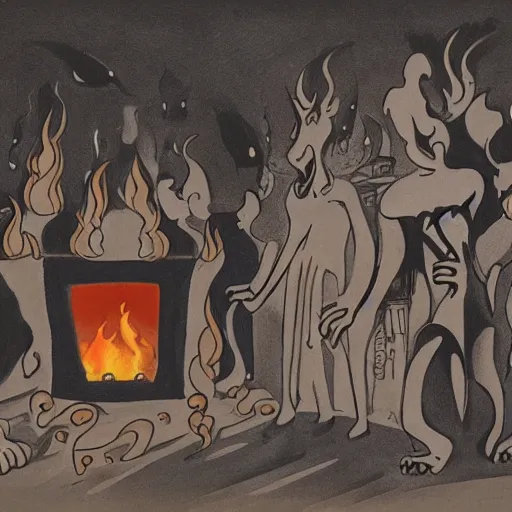 Image similar to group of cartoon characters standing in front of a fire, concept art by Lotte Reiniger, cg society, harlem renaissance, hellish background, lovecraftian, matte drawing