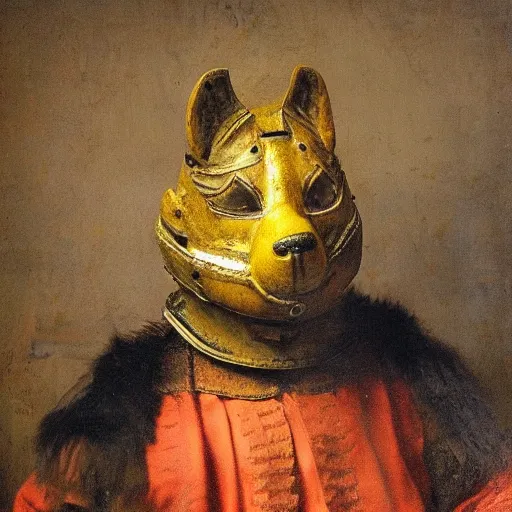 Prompt: man with shiba inu mask as warrior, painted by Rembrandt