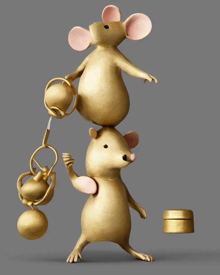 Prompt: a modern art statue of cute mouse standing on two legs and holding a round bell made with white marble and gold, trending on artstation