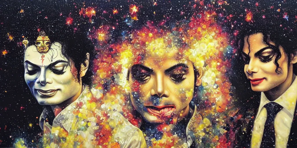 Prompt: rishi sunak and michael jackson in heaven, abstract oil painting by gottfried helnwein pablo amaringo raqib shaw zeiss lens sharp focus high contrast chiaroscuro gold complex intricate bejeweled