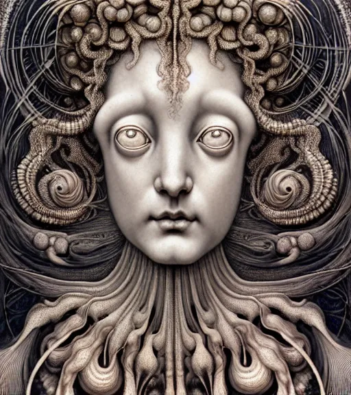 Image similar to detailed realistic beautiful whelk goddess face portrait by jean delville, gustave dore, iris van herpen and marco mazzoni, art forms of nature by ernst haeckel, art nouveau, symbolist, visionary, gothic, neo - gothic, pre - raphaelite, fractal lace, intricate alien botanicals, ai biodiversity, surreality, hyperdetailed ultrasharp octane render