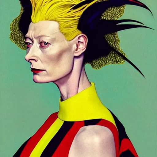 Image similar to art by joshua middleton, the actress tilda swinton, a medium shot portrait of the golden creeper, a tall manically smiling yellow - skinned woman with green and black striped cycling shorts and wearing a long red and black striped ostrich feather boa, yellow makeup, mucha, kandinsky, poster, art deco motifs, comic art, stylised design, scarlet feather boa