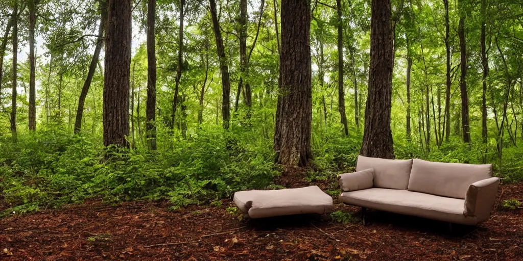 Prompt: a couch in the middle of a forest, beautiful ambient light, 8k photography