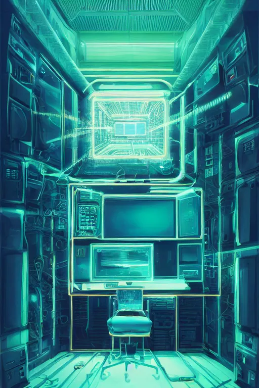 Prompt: Digital concept art, very highly detailed Haker that haking, siting inside the giant very highly detailed computer, by Beeple very highly Detailed by Guy Bourdin and Reka Nyari,on Pentax 67, Kodak Portra 400, soft Cyan Gold light, The Golden Ratio from the distance
