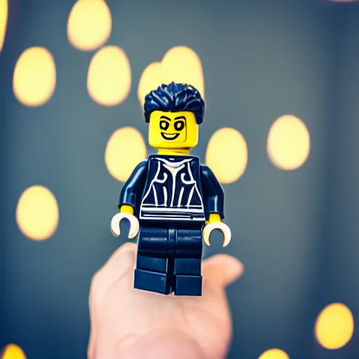 Image similar to photo of lego figure in black Adidas spotwear, holding a bottle, bokeh