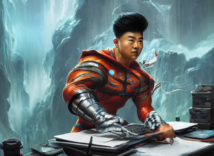 Image similar to an insanely detailed painting of an asian man wearing a homemade superhero costume, sitting at a desk, staring seriously at the computer and typing, in the style of peter mohrbacher, james jean, artgerm, dramatic lighting and composition, surreal background, octane render, pixar, trending on artstation, concept art, comic book, view from behind, 8 k