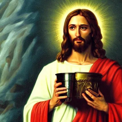 Image similar to Jesus holding the holy grail, cinematic masterpiece, warm atmosphere, very sharp and detailed image