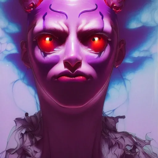 Image similar to prompt : purple demon portrait soft light painted by james jean and katsuhiro otomo and erik jones, inspired by evangeleon anime, smooth face feature, intricate oil painting, high detail illustration, sharp high detail, manga and anime 1 9 9 9