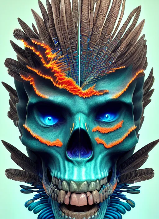 Image similar to 3 d shaman with tattoos profile portrait, sigma 5 0 0 mm f / 5. beautiful intricate highly detailed quetzalcoatl skull and feathers. bioluminescent, plasma, lava, ice, water, wind, creature, thunderstorm! artwork by tooth wu and wlop and beeple and greg rutkowski, 8 k trending on artstation,