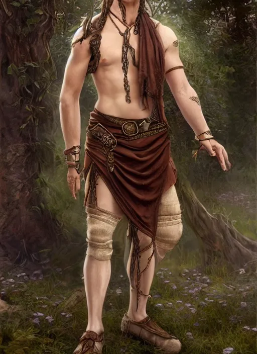 Image similar to a relaxed male elf middle aged druid in a sleeveless west, brown short hair, strong, full body, 8 k, hyperrealistic, hyperdetailed, fantasy portrait by laura sava